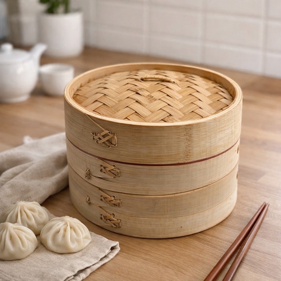 Other - 8" Bamboo Steamer Basket 2-Tier with Lid Asian Cooking Dumpling Bao